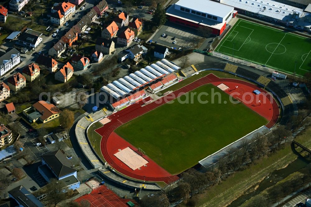 Bayreuth from above - Sports facility grounds of stadium Hans-Walter-Wild-Stadion on Friedrich-Ebert-Strasse in Bayreuth in the state Bavaria, Germany