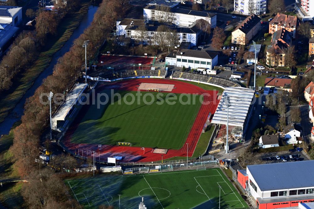 Bayreuth from the bird's eye view: Sports facility grounds of stadium Hans-Walter-Wild-Stadion on Friedrich-Ebert-Strasse in Bayreuth in the state Bavaria, Germany