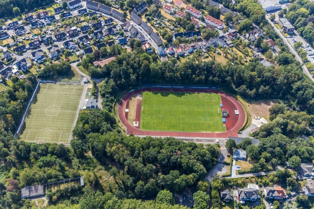 Menden (Sauerland) from above - Sports facility grounds of stadium Huckenohl-Stadion in Menden (Sauerland) in the state North Rhine-Westphalia, Germany