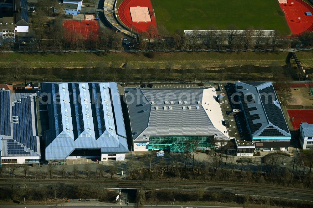 Aerial image Bayreuth - Sports facility grounds of the stadium Kunsteisstadion Bayreuth and Oberfrankenhalle on Albrecht-Duerer-Strasse in Bayreuth in the state Bavaria, Germany