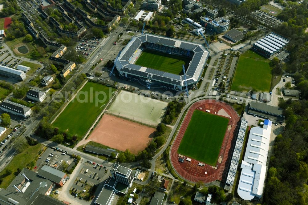 Aerial photograph Rostock - Sports site area of the stadium of the 1. Leichtathletikverein Rostock e.V. in Rostock in the federal state Mecklenburg-West Pomerania, Germany