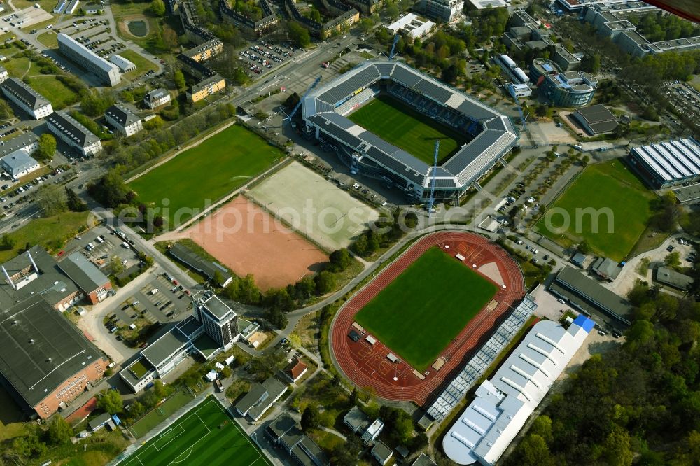 Rostock from above - Sports site area of the stadium of the 1. Leichtathletikverein Rostock e.V. in Rostock in the federal state Mecklenburg-West Pomerania, Germany