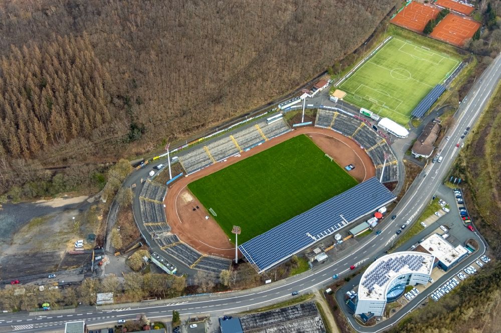 Aerial image Siegen - Sports facility grounds of stadium Leimbachstadion in Siegen at Siegerland in the state North Rhine-Westphalia, Germany