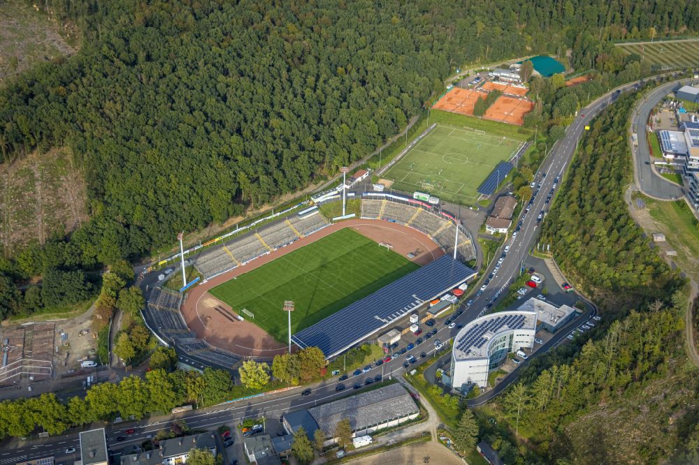 Aerial image Siegen - Sports facility grounds of stadium Leimbachstadion in Siegen at Siegerland in the state North Rhine-Westphalia, Germany