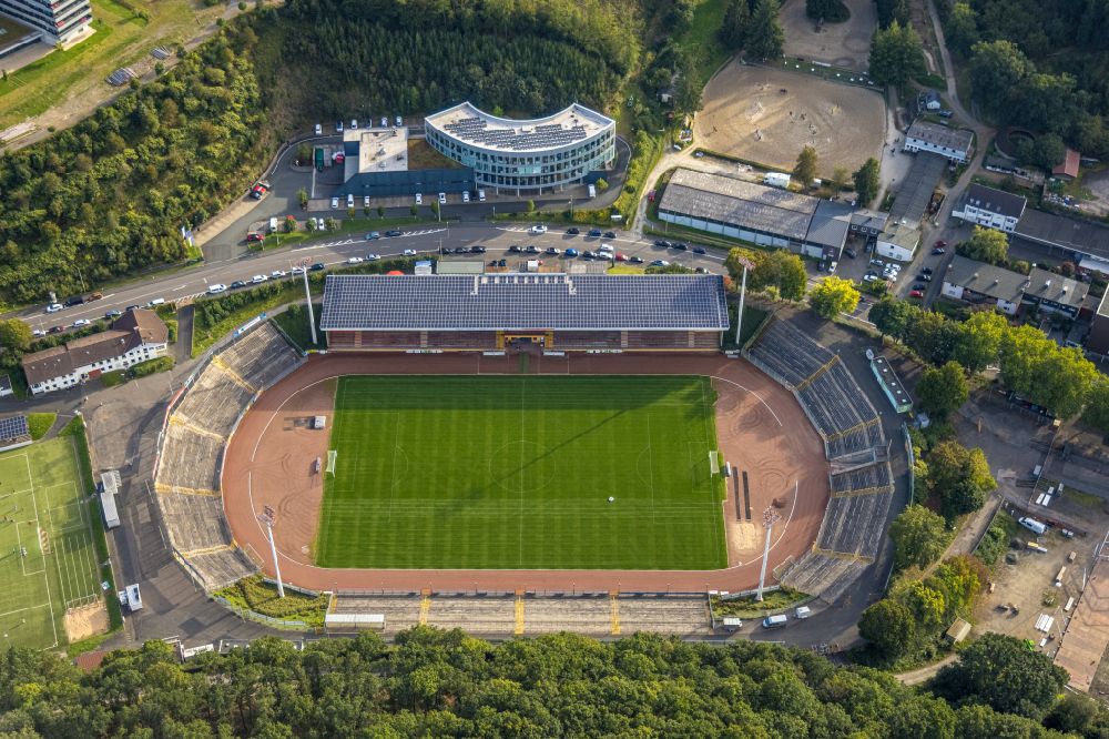 Aerial photograph Siegen - Sports facility grounds of stadium Leimbachstadion in Siegen at Siegerland in the state North Rhine-Westphalia, Germany