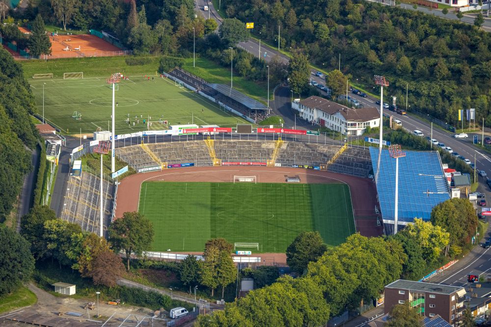 Siegen from above - Sports facility grounds of stadium Leimbachstadion in Siegen at Siegerland in the state North Rhine-Westphalia, Germany