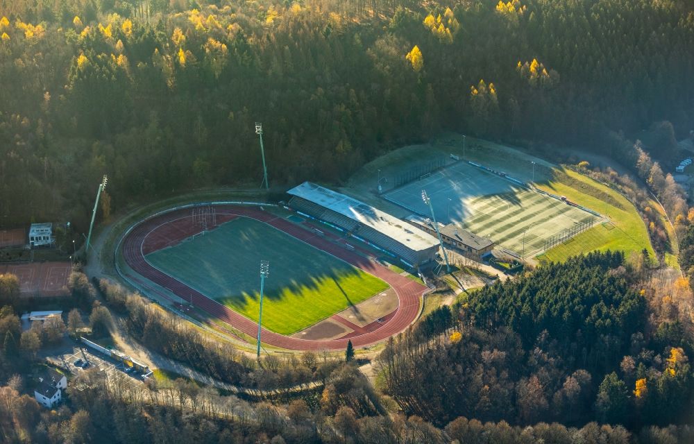 Lüdenscheid from above - Sports facility grounds of stadium Nattenberg-Stadion Am Nattenberg in Luedenscheid in the state North Rhine-Westphalia, Germany