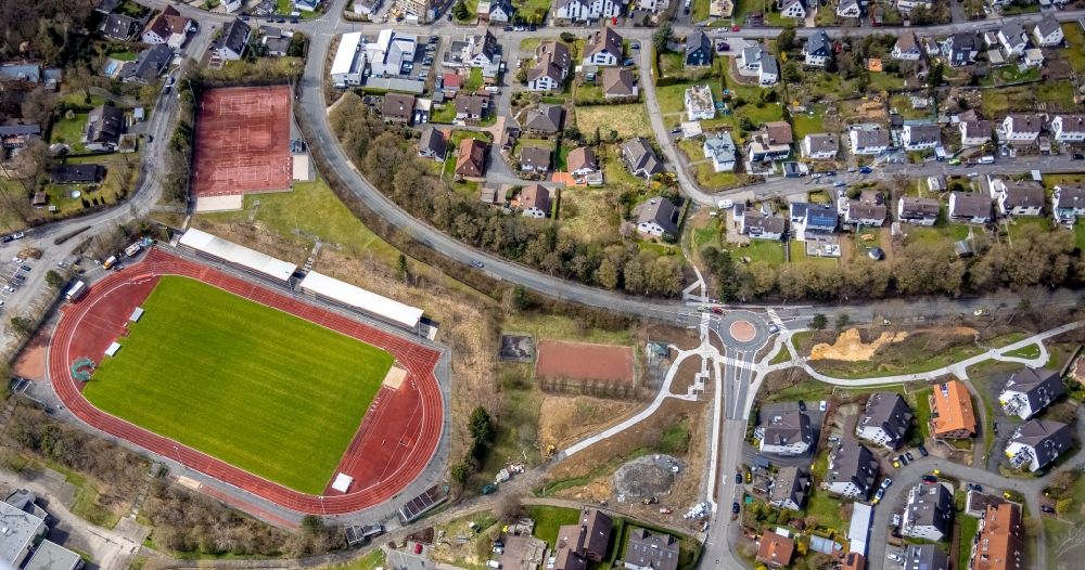 Aerial image Kreuztal - Sports facility grounds of stadium Staehlerwiese on Park at the roundabout Irisweg - Zum Erbstollen in Kreuztal on Siegerland in the state North Rhine-Westphalia, Germany