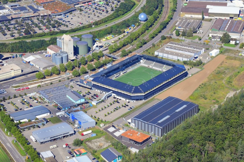 Schaffhausen from the bird's eye view: Sports facility grounds of the Arena stadium wefox Arena in Schaffhausen, Switzerland
