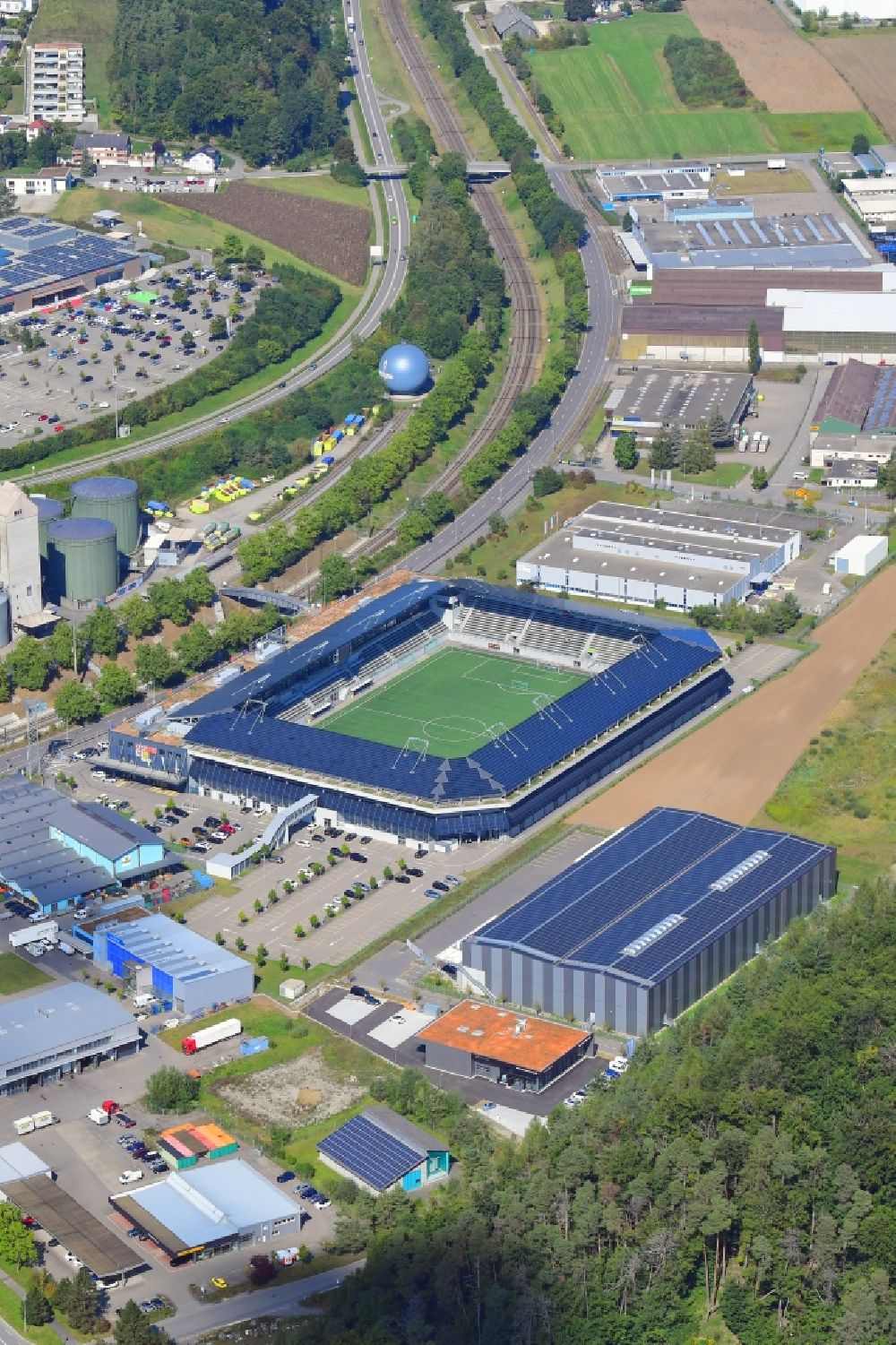 Aerial image Schaffhausen - Sports facility grounds of the Arena stadium wefox Arena in Schaffhausen, Switzerland