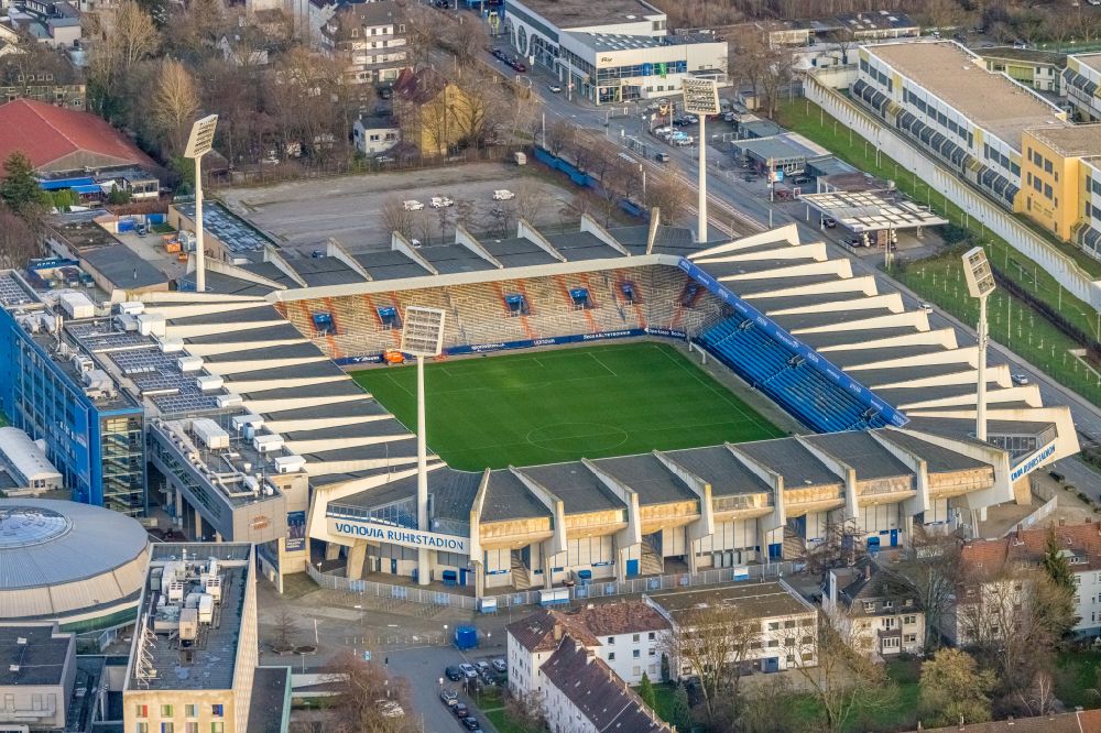 Bochum from above - sports facility grounds of the stadium Vonovia Ruhrstadion formerly rewirpowerSTADION and Ruhrstadion on Castroper Strasse in Bochum in the Ruhr area in the state of North Rhine-Westphalia