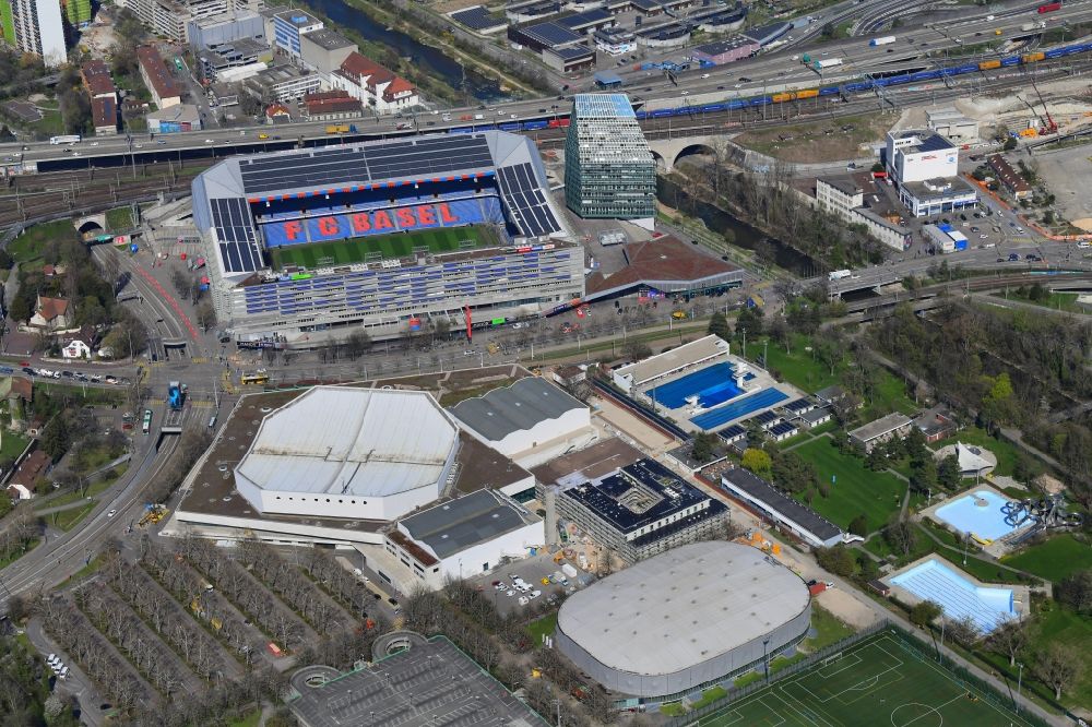 Aerial photograph Basel - The St. Jakob-Park (formerly St. Jakob Stadium, local Joggeli called) is part of the Sports Center St. Jakob. It is the home stadium of the football club Basel (FCB). It was created by the architects Herzog & de Meuron