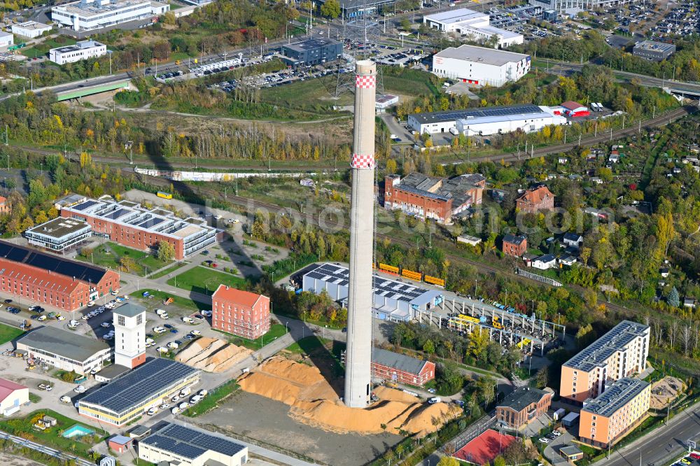 Aerial image Leipzig - Blasting preparation work on the tower structure of the former combined heat and power plant chimney on street Arno-Nitzsche-Strasse in the district Connewitz in Leipzig in the state Saxony, Germany