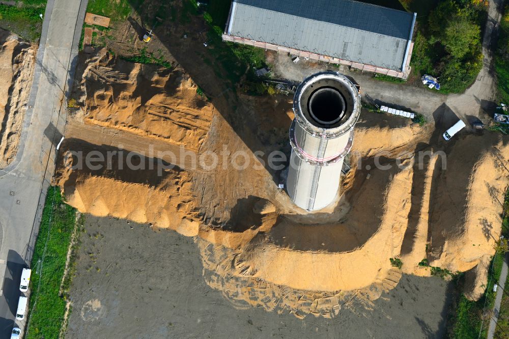 Leipzig from above - Blasting preparation work on the tower structure of the former combined heat and power plant chimney on street Arno-Nitzsche-Strasse in the district Connewitz in Leipzig in the state Saxony, Germany
