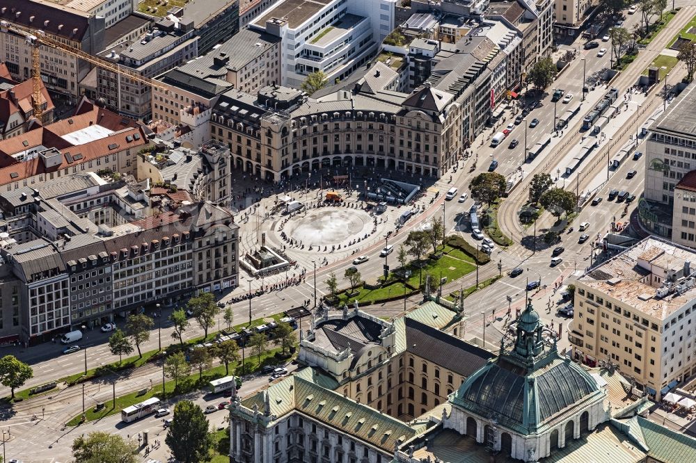 München from above - The fountains and water games at the Munich Karlsplatz