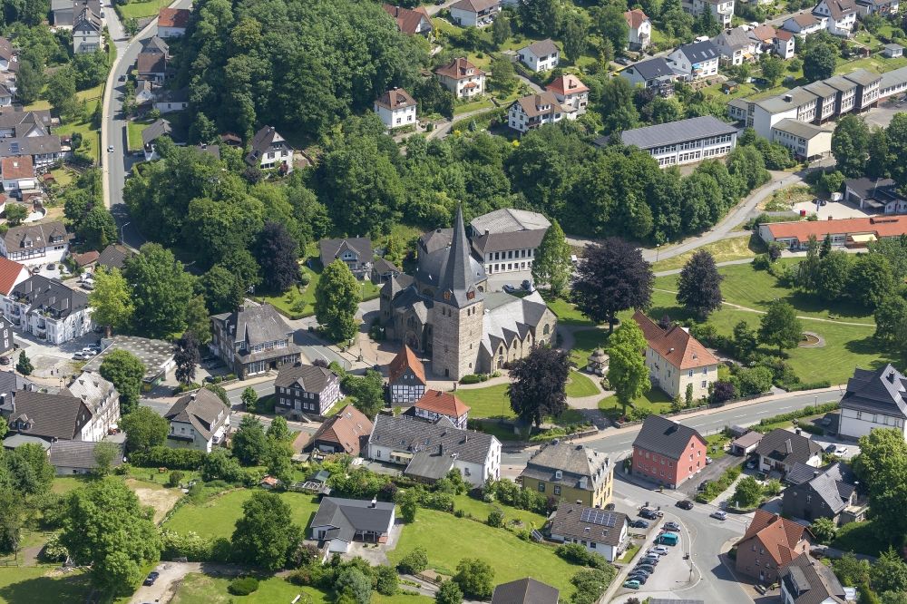 Aerial image Balve - View of the St. Blaise Church in Balve. The Catholic Church is partly Romanesque from the 10th to 12th Century. An neo-Romanesque extension was built in the 19th Century
