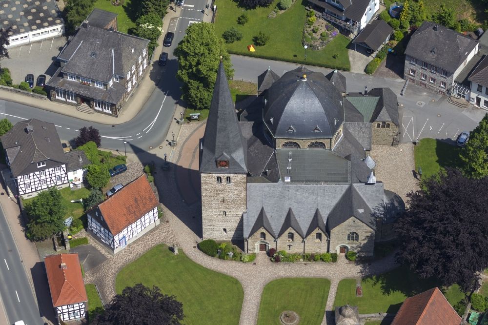 Aerial photograph Balve - View of the St. Blaise Church in Balve. The Catholic Church is partly Romanesque from the 10th to 12th Century. An neo-Romanesque extension was built in the 19th Century