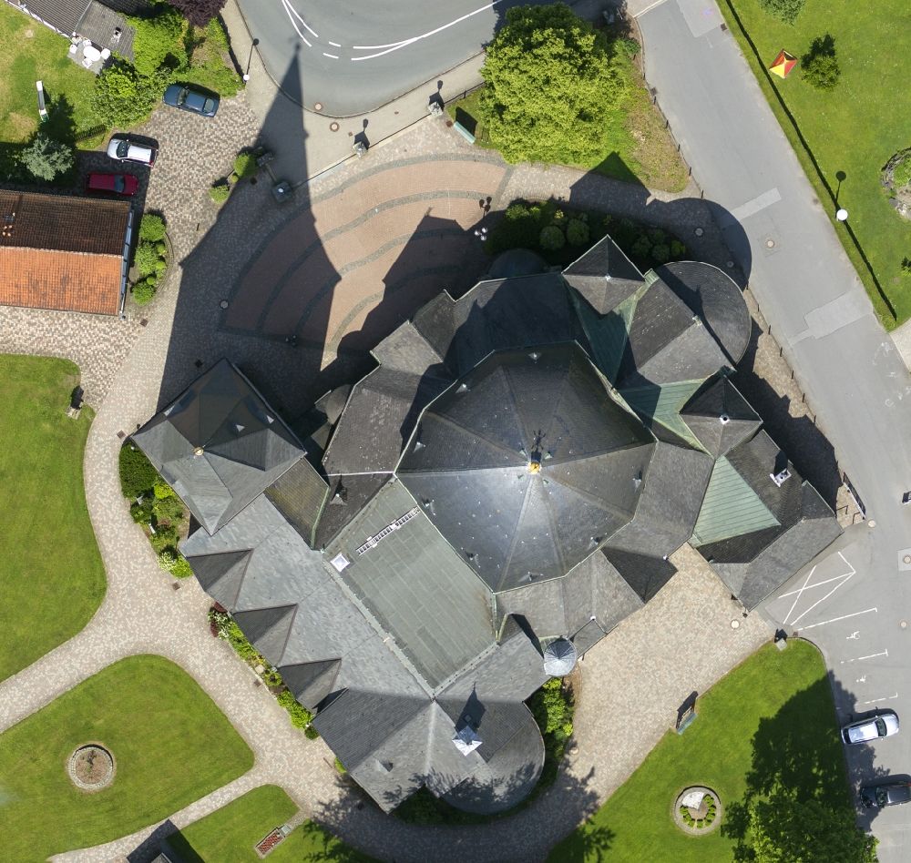 Aerial image Balve - View of the St. Blaise Church in Balve. The Catholic Church is partly Romanesque from the 10th to 12th Century. An neo-Romanesque extension was built in the 19th Century
