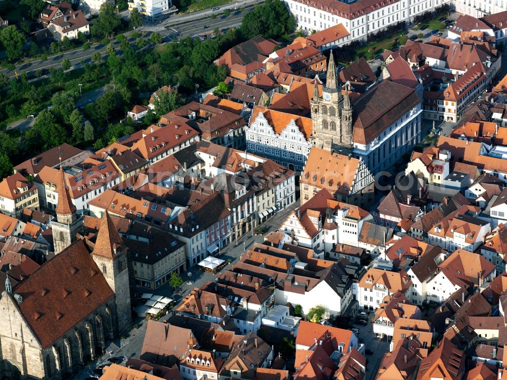 Ansbach from the bird's eye view: Gumbertus is one of the central city churches of Ansbach in Bavaria. The St. Gumbert, of St. Mary and St. Salvator sacred monastery was founded by St. Gumbert. 748 bis 911/1012, there was a Benedictine monastery