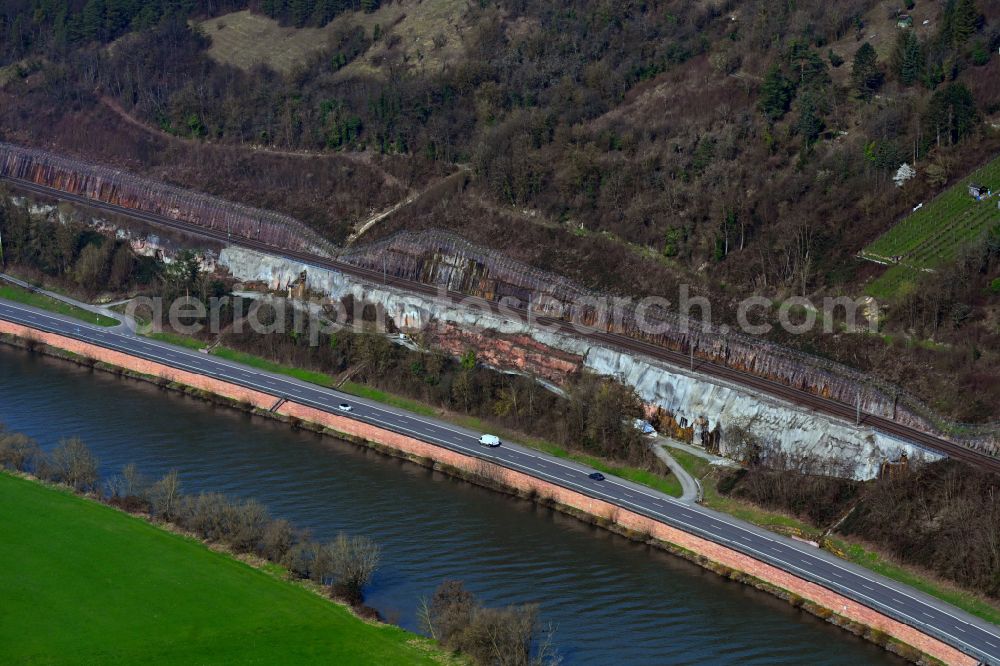 Mosbach from above - Slope reinforcement and stabilization structureon the banks of the Neckar on street B37 in Mosbach in the state Baden-Wuerttemberg, Germany
