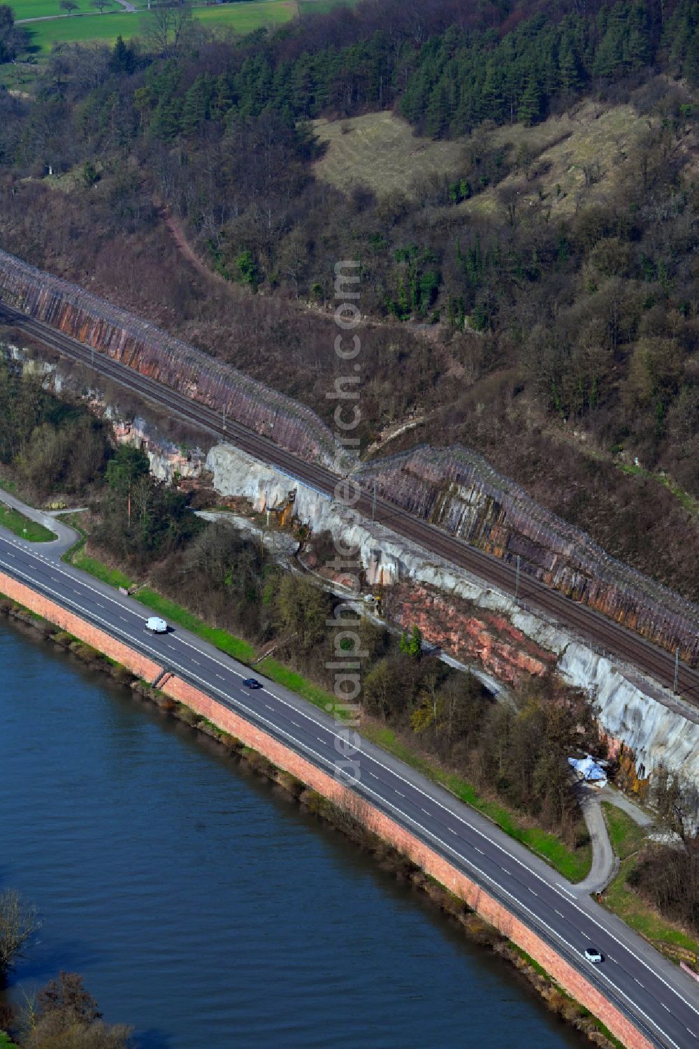 Aerial image Mosbach - Slope reinforcement and stabilization structureon the banks of the Neckar on street B37 in Mosbach in the state Baden-Wuerttemberg, Germany