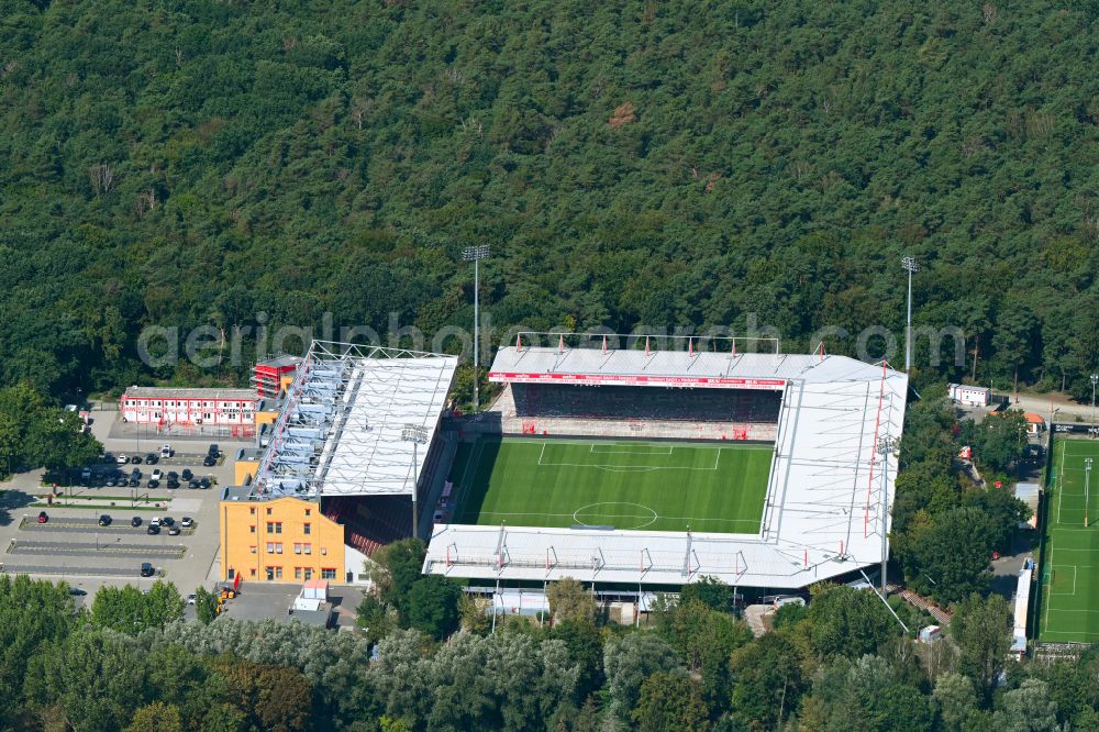 Berlin from the bird's eye view: View of the football stadium Alte Foersterei with its new grandstand the district of Koepenick in Berlin. The pitch is homestead for the football games of FC Union Berlin