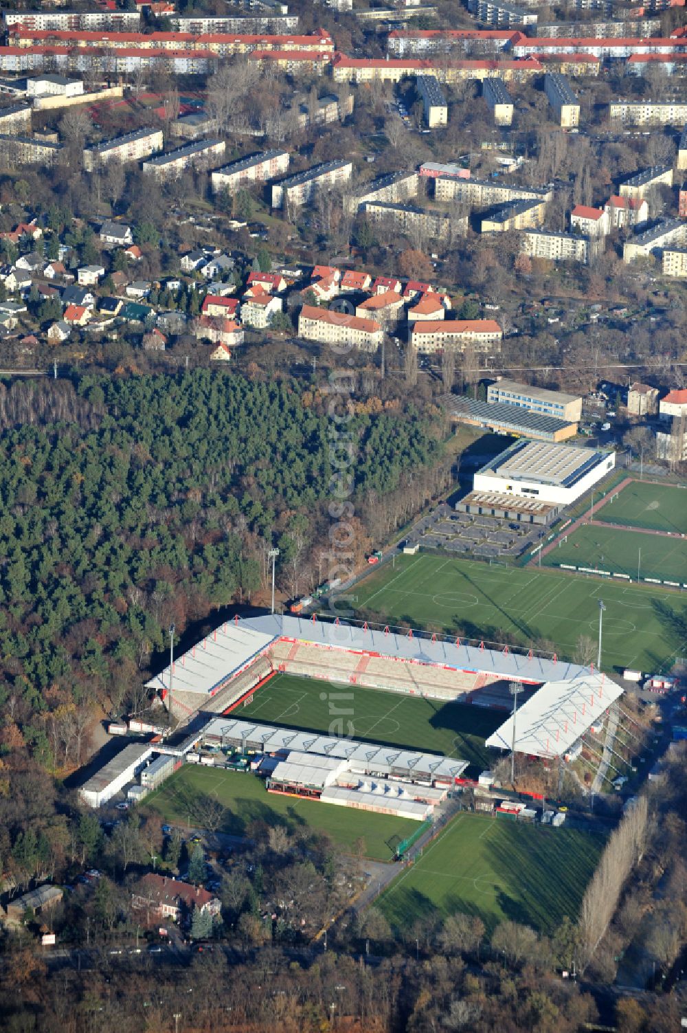 Aerial photograph Berlin - View of the football stadium Alte Foersterei with its new grandstand the district of Koepenick in Berlin. The pitch is homestead for the football games of FC Union Berlin