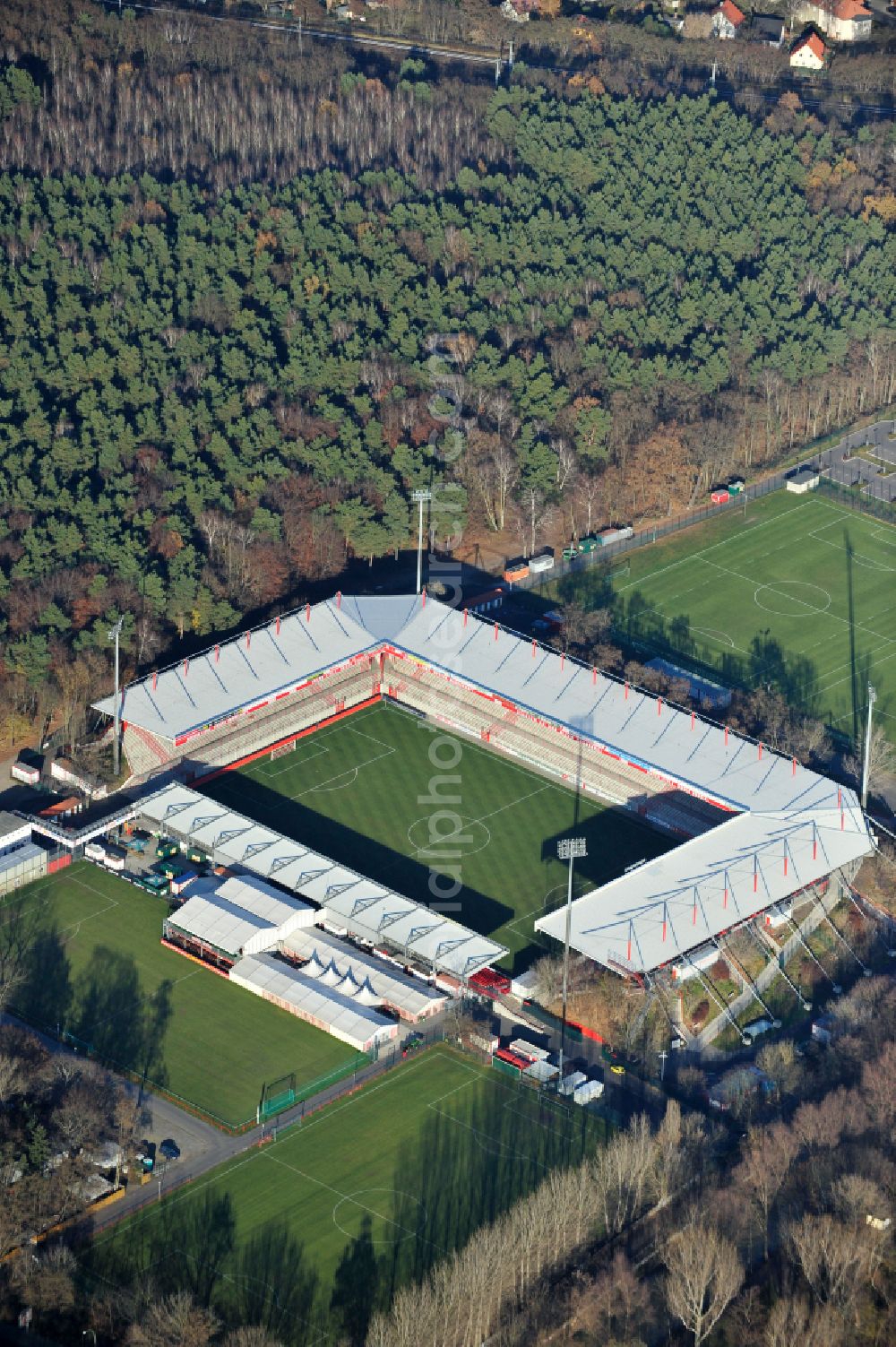 Aerial image Berlin - View of the football stadium Alte Foersterei with its new grandstand the district of Koepenick in Berlin. The pitch is homestead for the football games of FC Union Berlin