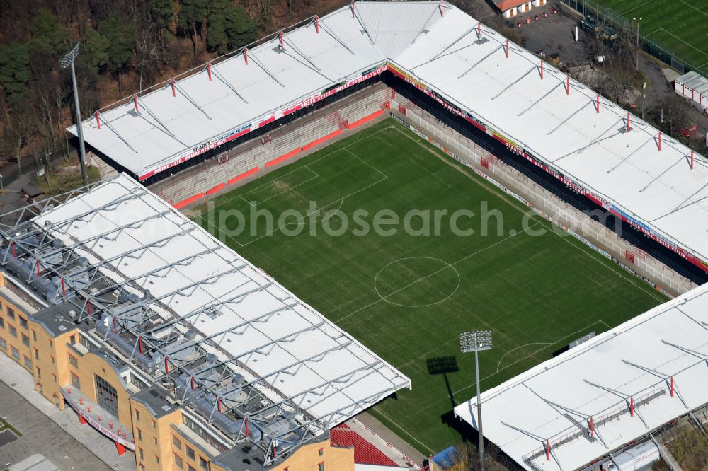 Berlin from the bird's eye view: View of the football stadium Alte Foersterei with its new grandstand the district of Koepenick in Berlin. The pitch is homestead for the football games of FC Union Berlin