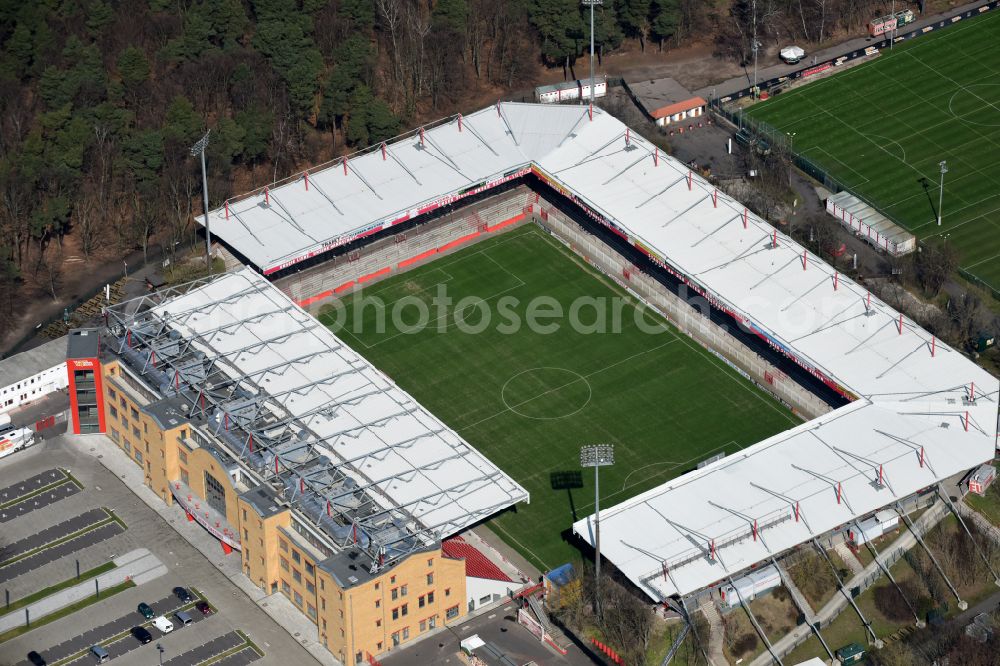 Aerial image Berlin - View of the football stadium Alte Foersterei with its new grandstand the district of Koepenick in Berlin. The pitch is homestead for the football games of FC Union Berlin