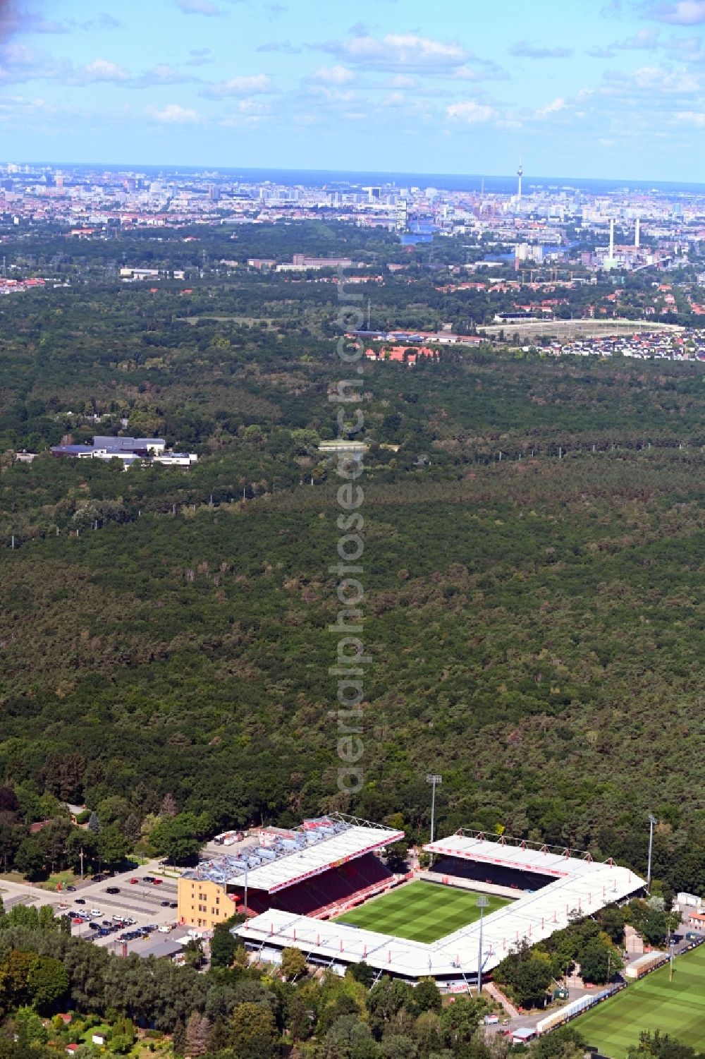 Aerial photograph Berlin - View of the football stadium Alte Foersterei with its new grandstand the district of Koepenick in Berlin. The pitch is homestead for the football games of FC Union Berlin