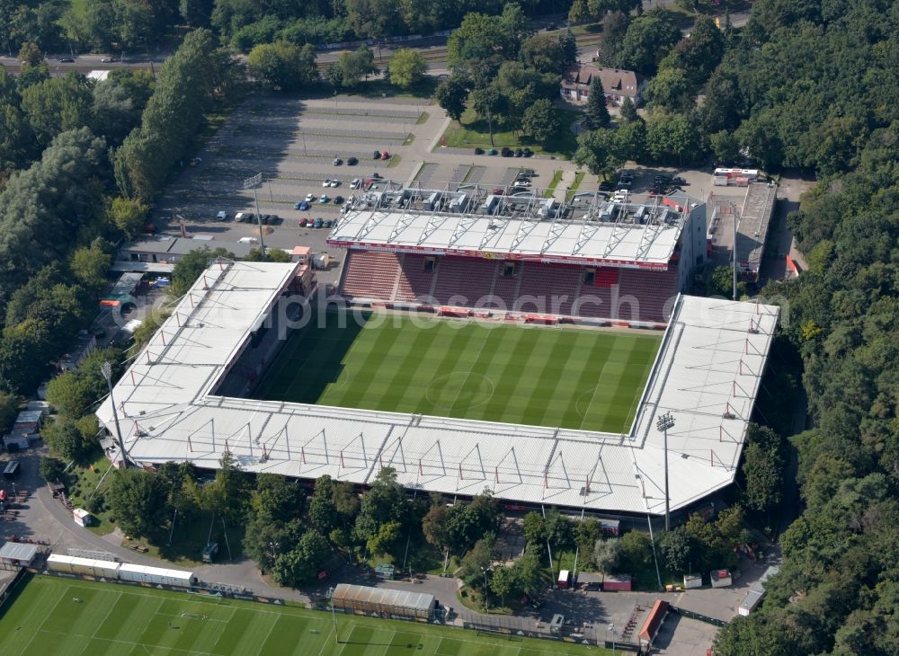 Berlin from above - View of the football stadium Alte Foersterei with its new grandstand the district of Koepenick in Berlin. The pitch is homestead for the football games of FC Union Berlin