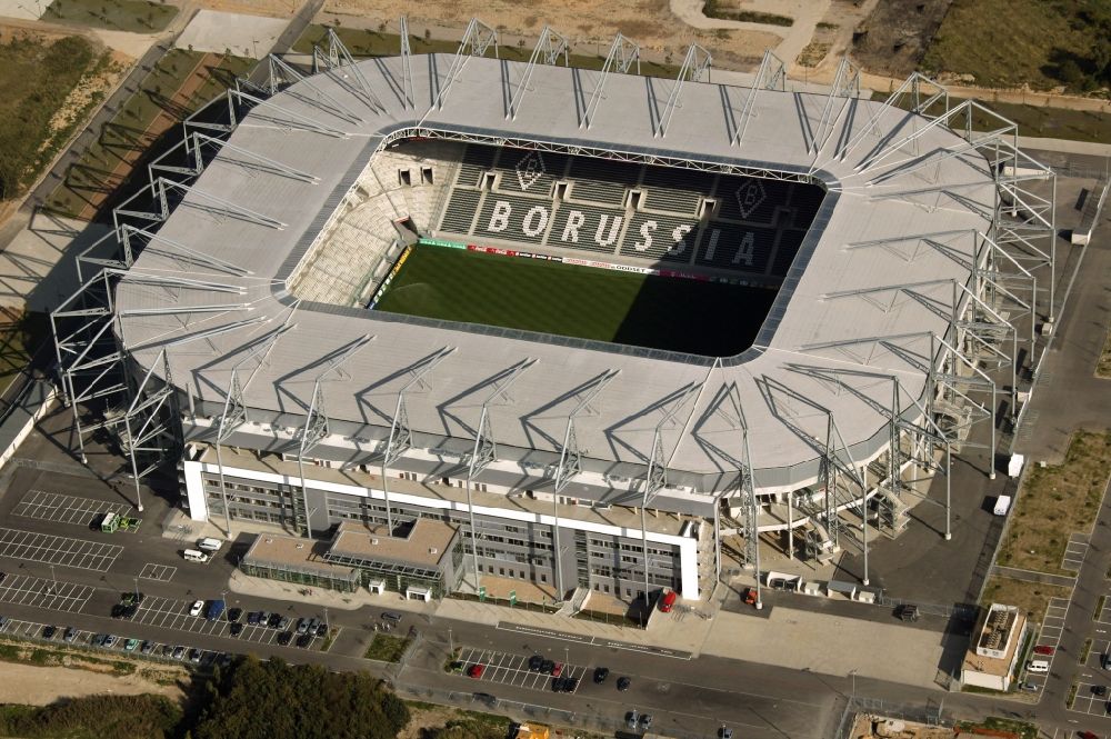 Aerial photograph Mönchengladbach - View of the Borussia-Park Stadium. It is the home stadium of the football team Borussia Monchengladbach