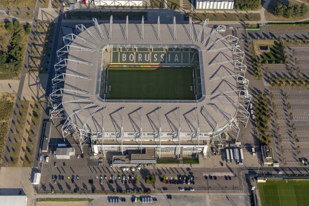 Mönchengladbach from the bird's eye view: View of the Borussia-Park Stadium. It is the home stadium of the football team Borussia Monchengladbach
