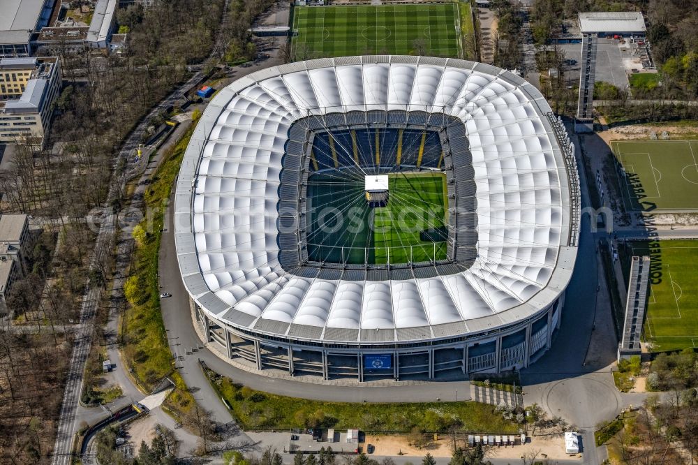 Aerial image Frankfurt am Main - Sports facility grounds of the arena of the stadium Deutsche Bank Park (formerly also Commerzbank-Arena, Waldstadion) in the Sachsenhausen part of Frankfurt am Main in the state Hesse, Germany