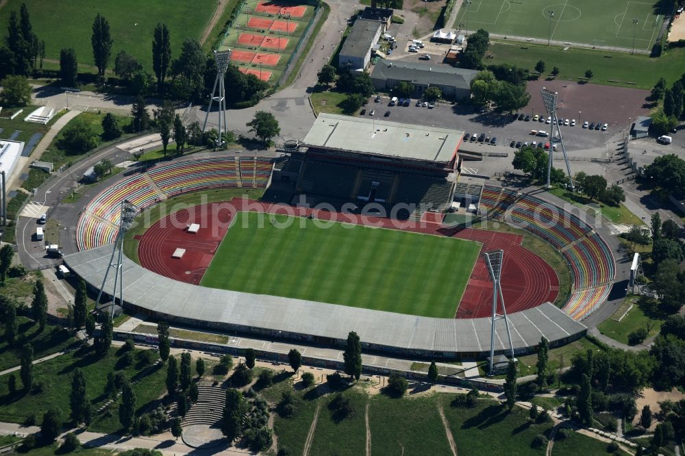 Aerial image Berlin - Stadium at the Friedrich-Ludwig-Jahn-Sportpark with Max-Schmeling-Halle in Berlin Prenzlauer Berg