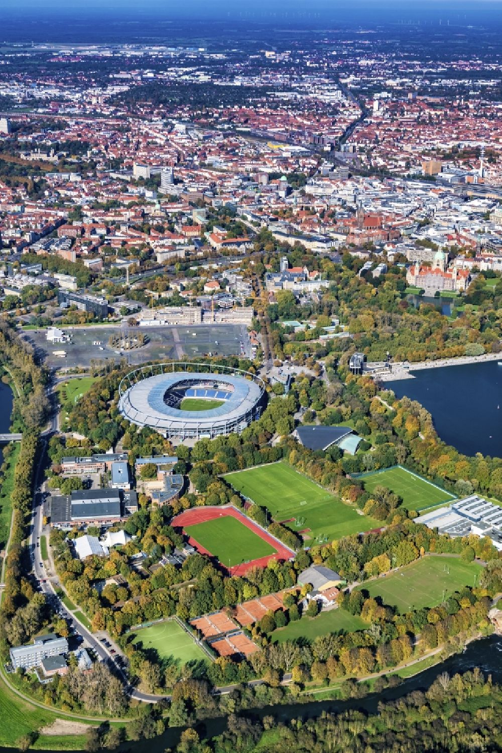 Hannover from above - HDI Arena stadium in Calenberger Neustadt district of Hanover, in Lower Saxony