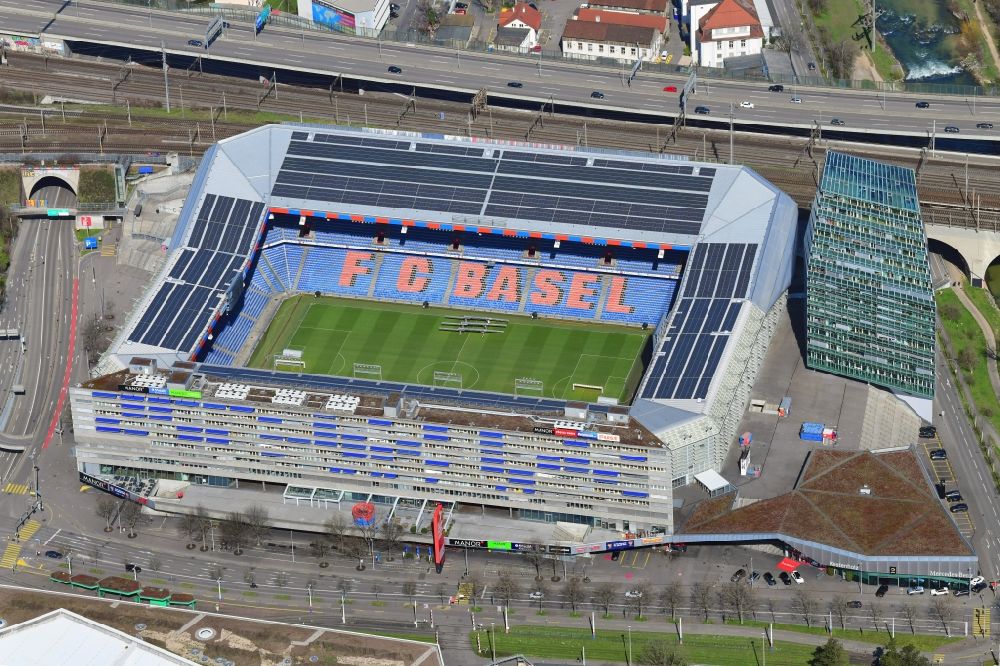 Aerial image Basel - The St. Jakob-Park (formerly St. Jakob Stadium, local Joggeli called) is part of the Sports Center St. Jakob. It is the home stadium of the football club Basel (FCB). It was created by the architects Herzog & de Meuron