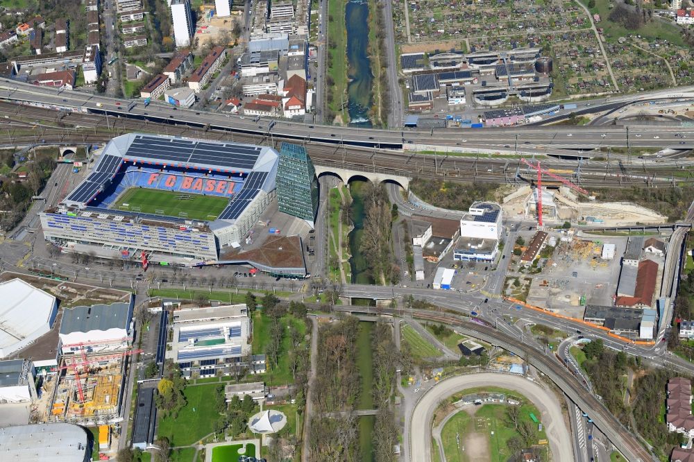 Aerial photograph Basel - The St. Jakob-Park (formerly St. Jakob Stadium, local Joggeli called) is part of the Sports Center St. Jakob. It is the home stadium of the football club Basel (FCB). It was created by the architects Herzog & de Meuron