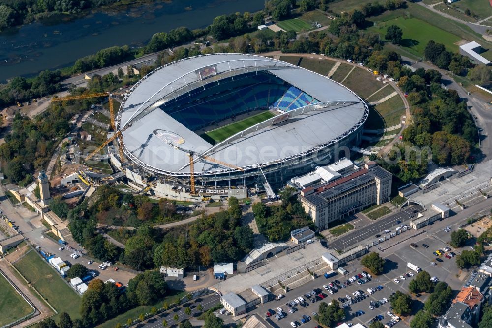 Leipzig from above - Sports ground of the stadium Red Bull Arena Am Sportforum in Leipzig in the state Saxony, Germany