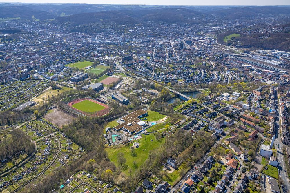 Hagen from the bird's eye view: Sports facility grounds of the Arena stadium - Sportpark Ischeland on Humpertstrasse in Hagen at Ruhrgebiet in the state North Rhine-Westphalia, Germany