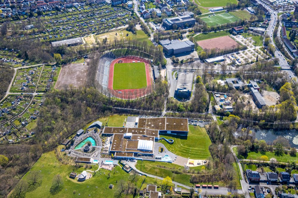 Aerial photograph Hagen - Sports facility grounds of the Arena stadium - Sportpark Ischeland on Humpertstrasse in Hagen at Ruhrgebiet in the state North Rhine-Westphalia, Germany