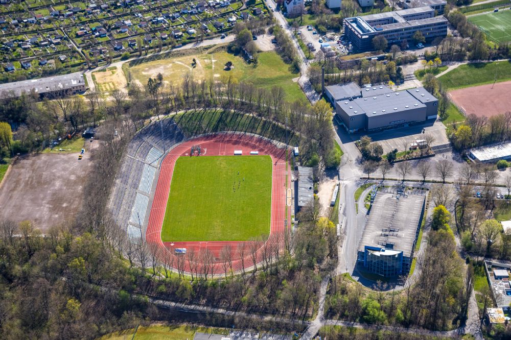 Hagen from above - Sports facility grounds of the Arena stadium - Sportpark Ischeland on Humpertstrasse in Hagen at Ruhrgebiet in the state North Rhine-Westphalia, Germany