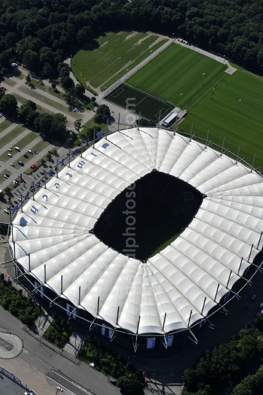 Aerial image Hamburg - The stadium Volksparkstadion is the home ground of German Bundesliga club HSV
