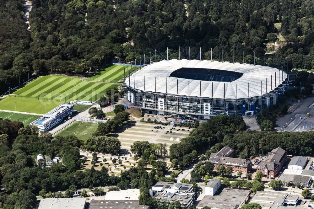 Hamburg from the bird's eye view: The stadium Volksparkstadion is the home ground of German Bundesliga club HSV