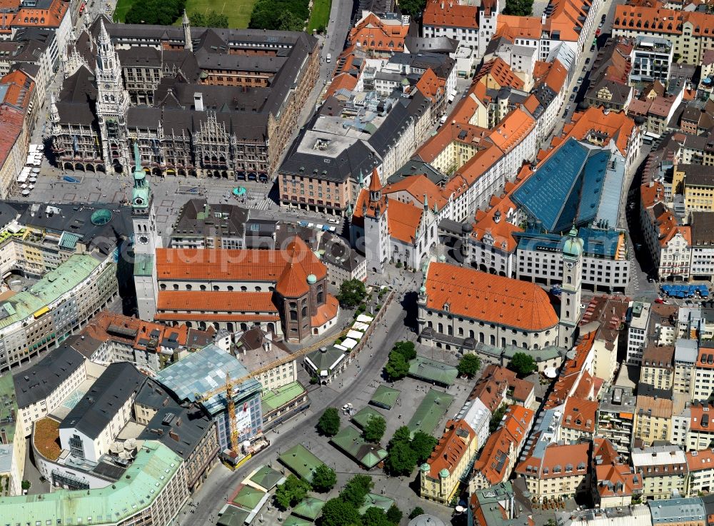 München from above - City view of the Old Town at the Frauenkirche at the New Town Hall in the center of Munich in Bavaria