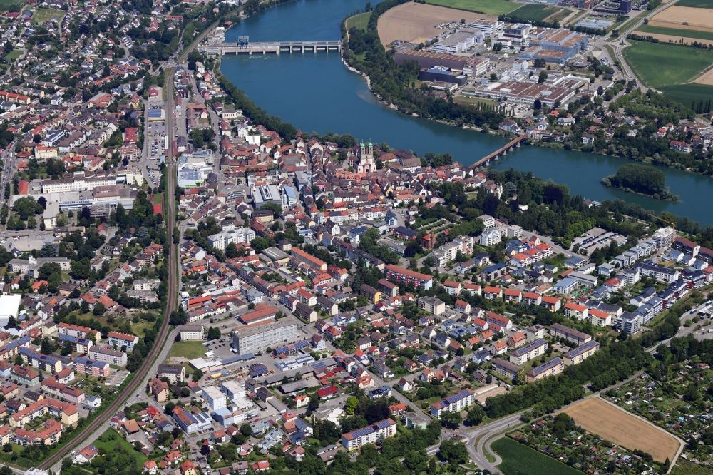 Bad Säckingen from the bird's eye view: City Center with old town and St. Fridolins cathedral in Bad Saeckingen in the state Baden-Wurttemberg, Germany