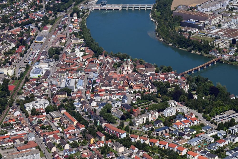 Aerial image Bad Säckingen - City Center with old town and St. Fridolins cathedral in Bad Saeckingen in the state Baden-Wurttemberg, Germany