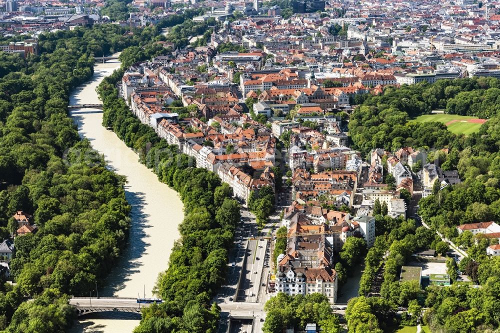 München from above - District Altstadt-Lehel on Isar in the city in Munich in the state Bavaria, Germany