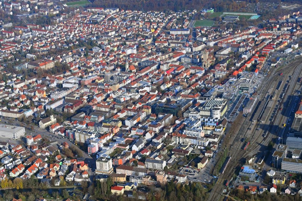 Singen (Hohentwiel) from above - District in the city around the railway station in Singen (Hohentwiel) in the state Baden-Wuerttemberg, Germany
